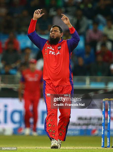 Saqlain Mushtaq of Gemini Arabians reactsduring the Final match of the Oxigen Masters Champions League between Gemini Arabians and Leo Lions at the...