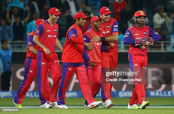 The Gemini Arabians players celebrate the wicket of Scott Styris of Leo Lions during the Final match of the Oxigen Masters Champions League between...