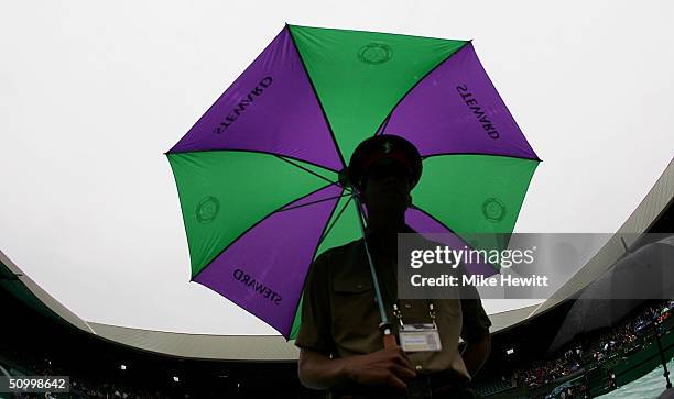 Rain delays the start of play on day 6 at the Wimbledon Lawn Tennis Championship on June 26, 2004 at the All England Lawn Tennis and Croquet Club in...