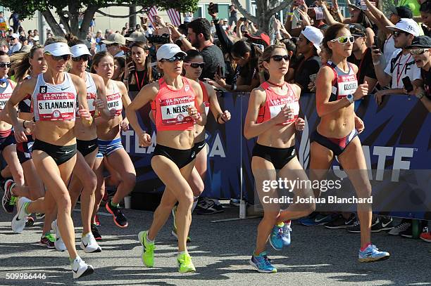 Shalane Flanagan, Adriana Nelson, Sara Hall and Kara Goucher at the start of the Olympic Team Trials Women's Marathon on February 13, 2016 in Los...