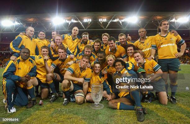 The Wallabies celebrate with the Cook Cup during the rugby union international match between the Australian Wallabies and England for the Cook Cup at...