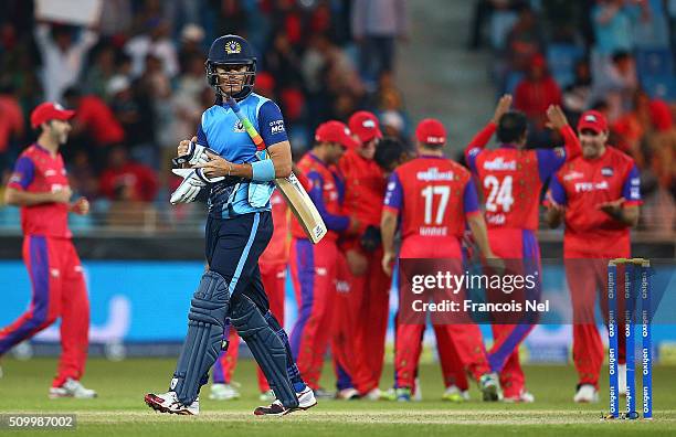 Johan Botha of Leo Lions walks off after being dismissed during the Final match of the Oxigen Masters Champions League between Gemini Arabians and...