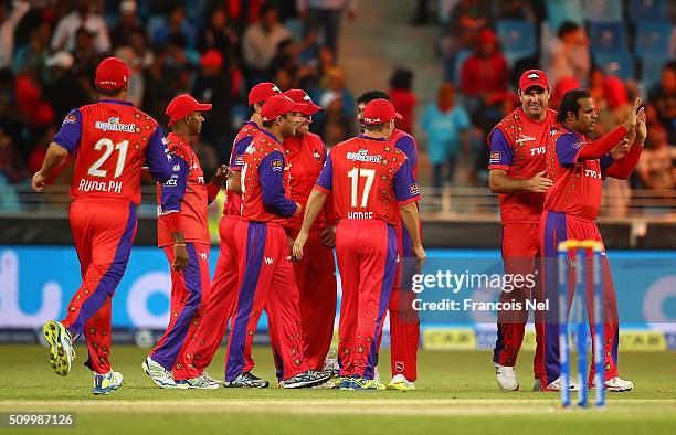 The Gemini Arabians players celebrate the wicket of Johan Botha of Leo Lions during the Final match of the Oxigen Masters Champions League between...