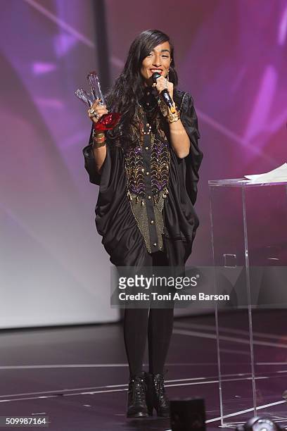 Hindi Zahra performs and receives an award during "Les Victoires De La Musique" at Le Zenith on February 12, 2016 in Paris, France.