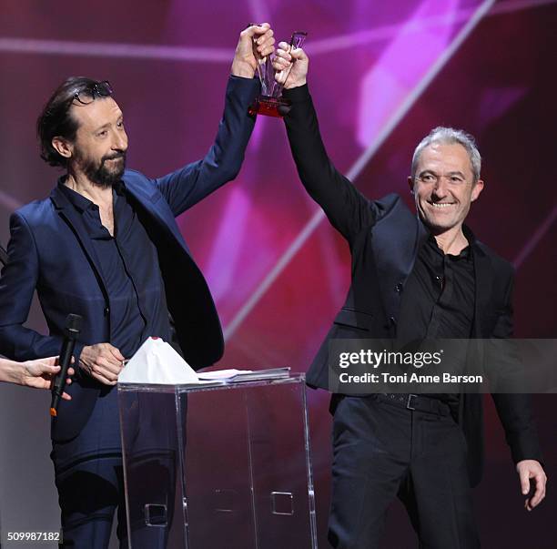 Nataf and Jean-Christophe Urbain of "Les Innocents" Band receive an Award during "Les Victoires De La Musique" at Le Zenith on February 12, 2016 in...