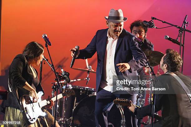 Anna Chedid, Louis Chedid, Matthieu Chedid and Joseph Chedid perform during "Les Victoires De La Musique" at Le Zenith on February 12, 2016 in Paris,...