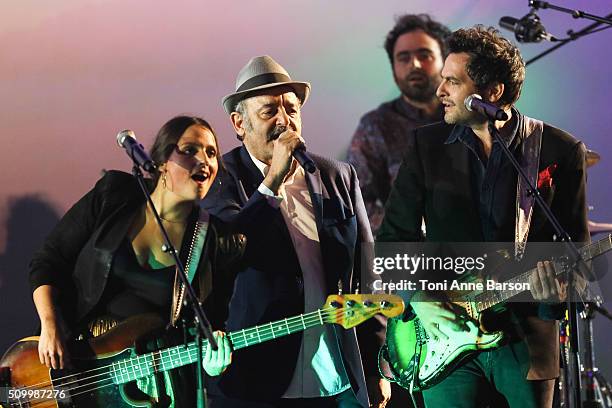 Anna Chedid, Louis Chedid, Matthieu Chedid and Joseph Chedid perform during "Les Victoires De La Musique" at Le Zenith on February 12, 2016 in Paris,...