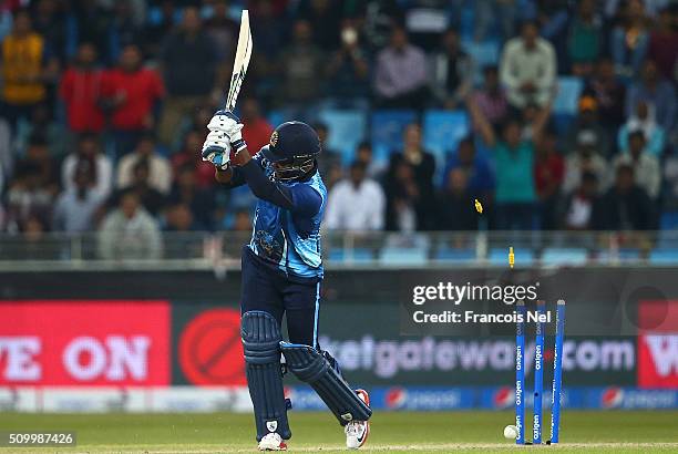 Brian Lara of Leo Lions is bowled out during the Final match of the Oxigen Masters Champions League between Gemini Arabians and Leo Lions at the...