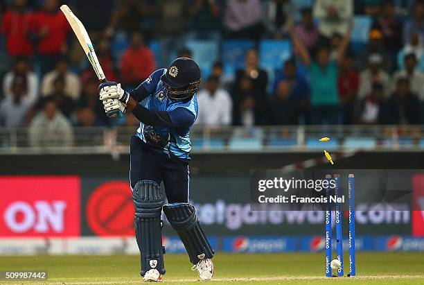 Brian Lara of Leo Lions is bowled out during the Final match of the Oxigen Masters Champions League between Gemini Arabians and Leo Lions at the...