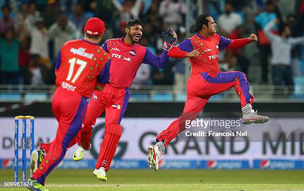 Naved-ul-Hasan of Gemini Arabians celebrates the wicket of Heath Streak of Leo Lions during the Final match of the Oxigen Masters Champions League...