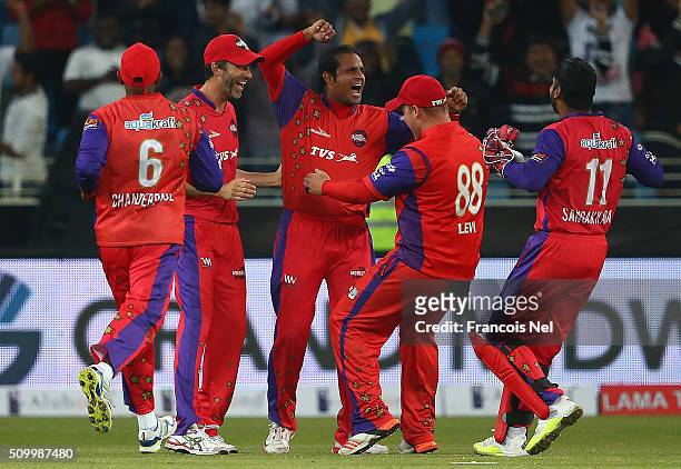 Naved-ul-Hasan of Gemini Arabians celebrates the wicket of Brian Lara of Leo Lions during the Final match of the Oxigen Masters Champions League...