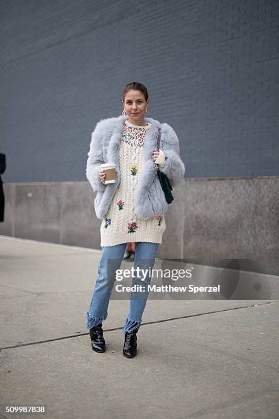 Ruthie Friedlander is seen at Lacoste wearing Fox Unlimited coat, Valentino sweater, 3x1 jeans, and Chanel shoes during New York Fashion Week:...