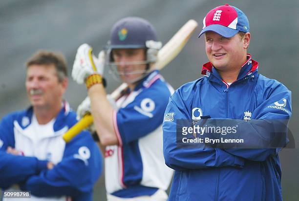 Robert Key keeps an eye on training as England prepares for tomorrow's match against the West Indies during nets at Trent Bridge on June 26, 2004 in...