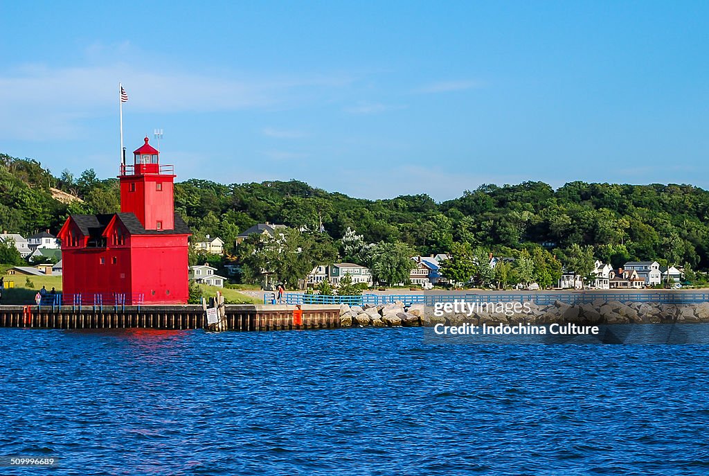 Red lighthouse on a Lake Michigan