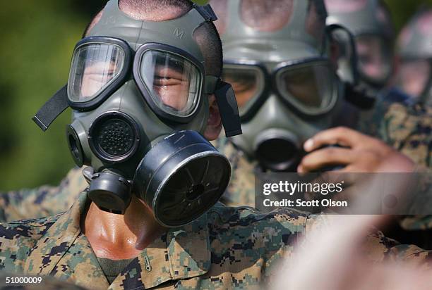 Marine recruits leave the gas chamber at the United States Marine Corps Recruit Depot June 22, 2004 in Parris Island, South Carolina. Marine Corps...