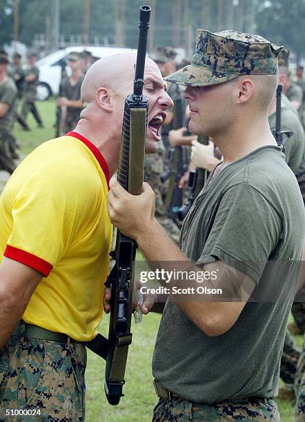 men become marines at parris island - drill instructor foto e immagini stock