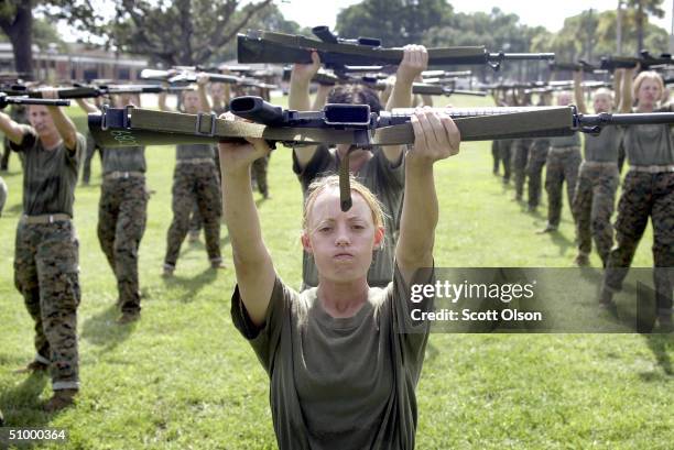 Female Marine Corps recruit Kylieanne Fortin of Williamsport, Maryland goes through close combat training at the United States Marine Corps recruit...