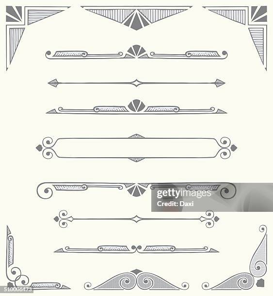 illustrazioni stock, clip art, cartoni animati e icone di tendenza di ornamentali divisori, scorre e angoli-disegnati a mano - art déco