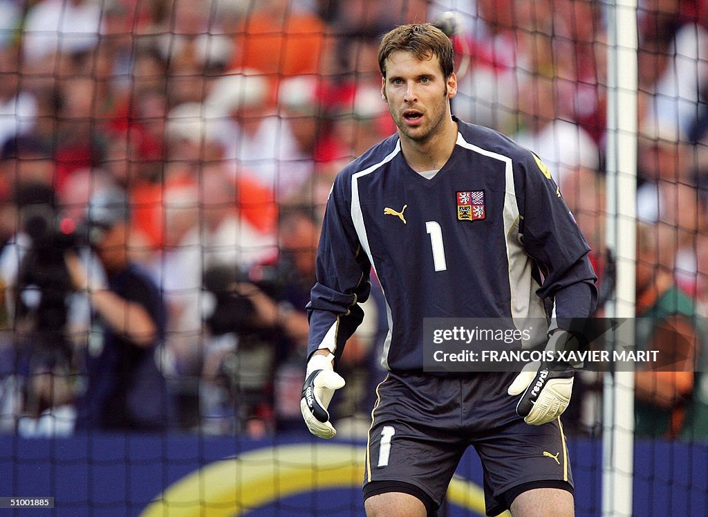 Czech goalkeeper Petr Cech looks at his