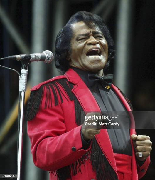 James Brown on the Pyramid Stage during the third and final day of the Glastonbury Festival 2004 at Worthy Farm, Pilton on June 27, 2004 in Somerset,...