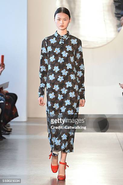 Model walks the runway at the Suno Autumn Winter 2016 fashion show during New York Fashion Week on February 13, 2016 in New York, United States.