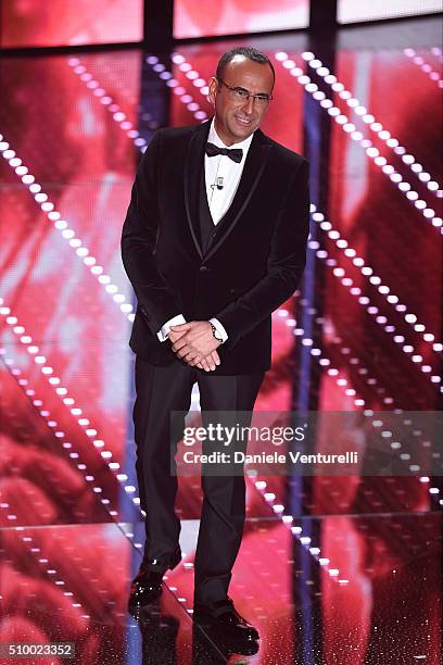 Carlo Conti attends the closing night of 66th Festival di Sanremo 2016 at Teatro Ariston on February 13, 2016 in Sanremo, Italy.