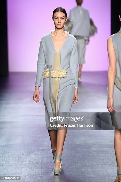 Model walks the runway wearing Son Jung Wan Fall 2016 during New York Fashion Week: The Shows at The Dock, Skylight at Moynihan Station on February...