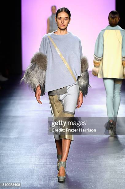 Model walks the runway wearing Son Jung Wan Fall 2016 during New York Fashion Week: The Shows at The Dock, Skylight at Moynihan Station on February...