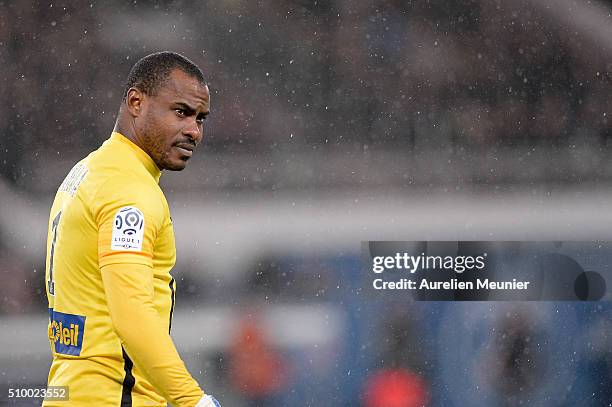 Vincent Enyeama of Lille OSC reacts during the Ligue 1 game between Paris Saint-Germain and Lille OSC at Parc des Princes on February 13, 2016 in...