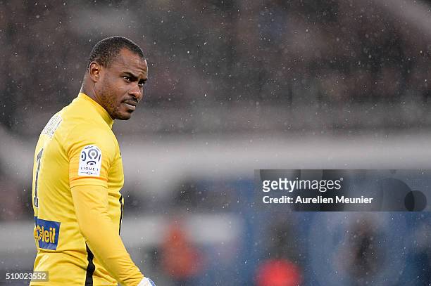 Vincent Enyeama of Lille OSC reacts during the Ligue 1 game between Paris Saint-Germain and Lille OSC at Parc des Princes on February 13, 2016 in...