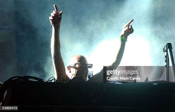 Orbital performs on the Other Stage during the third and final day of the Glastonbury Festival 2004 at Worthy Farm, Pilton on June 27, 2004 in...