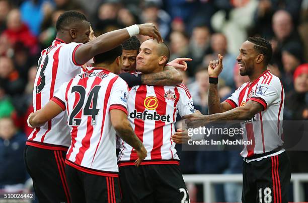 Wahbi Khazri of Sunderland celebrates scoring during the Barclays Premier m/ match between Sunderland and Manchester United at The Stadium of Light...