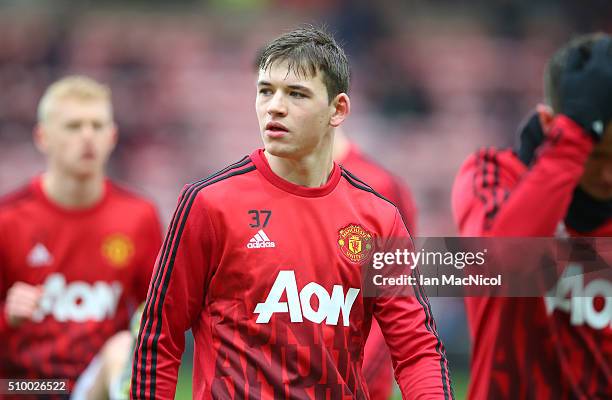 Donald Love of Manchester United looks on during warm up during the Barclays Premier League match between Sunderland and Manchester United at The...