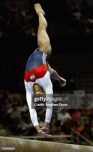 Annia Hatch competes on the balance beam during the Women's finals of the U.S. Gymnastics Olympic Team Trials on June 27, 2004 at The Arrowhead Pond...