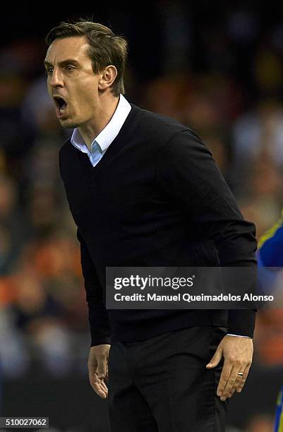 Gary Neville manager of Valencia CF reacts during the La Liga match between Valencia CF and RCD Espanyol at Estadi de Mestalla on February 13, 2016...