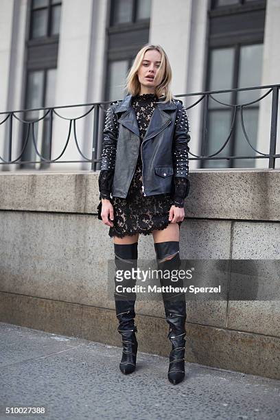 Sonya Esman is seen at Herve Leger by Max Azria wearing Lovett jacket, Cameo dress, and Schutz boots during New York Fashion Week: Women's...