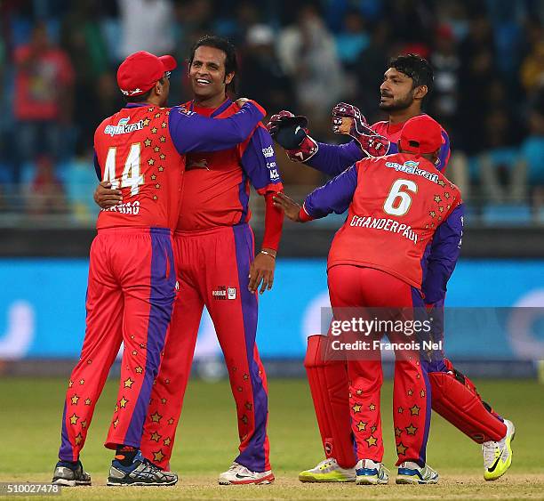 Naved-ul-Hasan of Gemini Arabians celebrates the wicket of Kyle Jarvis of Leo Lions during the Final match of the Oxigen Masters Champions League...