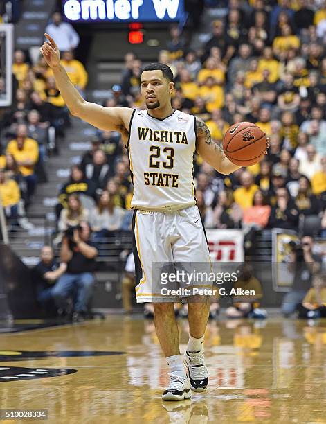 Guard Fred VanVleet of the Wichita State Shockers calls out a play against the Northern Iowa Panthers during the first half on February 13, 2016 at...