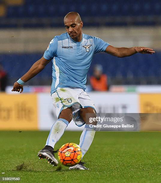 Abdoulay Konko of SS Lazio in action during the Serie A match between SS Lazio and Hellas Verona FC at Stadio Olimpico on February 11, 2016 in Rome,...