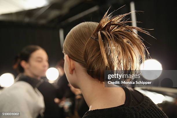 Model prepares backstage at the Son Jung Wan Fall 2016 fashion show during New York Fashion Week: The Shows at The Dock, Skylight at Moynihan Station...