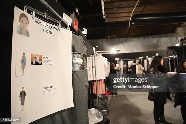 View of the model boards backstage at the Son Jung Wan Fall 2016 fashion show during New York Fashion Week: The Shows at The Dock, Skylight at...