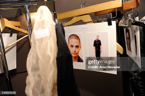 Model card posted on clothing rack backstage at the Collina Strada Presentation at The Standard on February 13, 2016 in New York City.