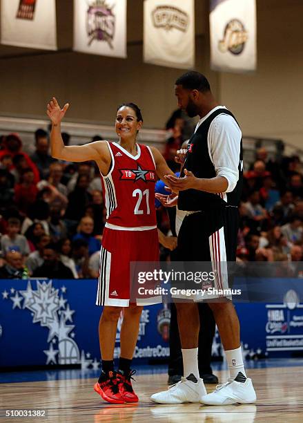 Legend Ticha Penichiero talks with NBA Legend Tracy McGrady during the NBA Cares Special Olympics Unified Game as part of 2016 All-Star Weekend at...