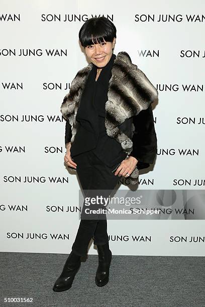 Designer Son Jung Wan poses backstage at the Son Jung Wan Fall 2016 fashion show during New York Fashion Week: The Shows at The Dock, Skylight at...