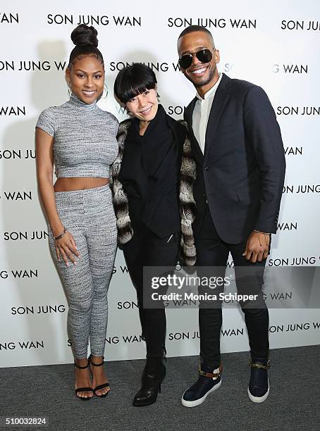 Tashiana Washington, Son Jung Wan and Eric West pose backstage at the Son Jung Wan Fall 2016 fashion show during New York Fashion Week: The Shows at...