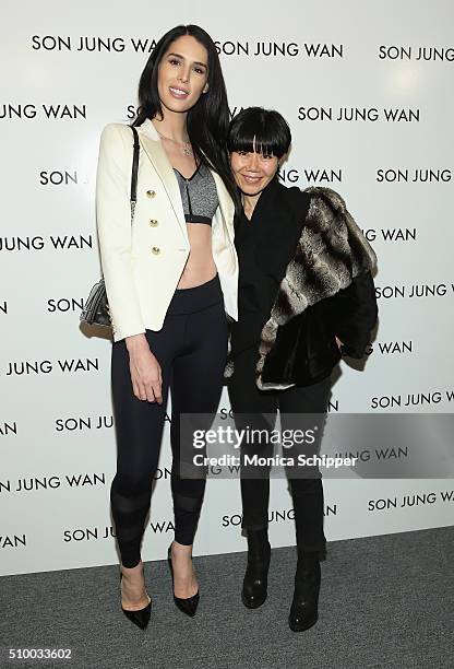 Carmen Carrera and Son Jung Wan pose backstage at the Son Jung Wan Fall 2016 fashion show during New York Fashion Week: The Shows at The Dock,...