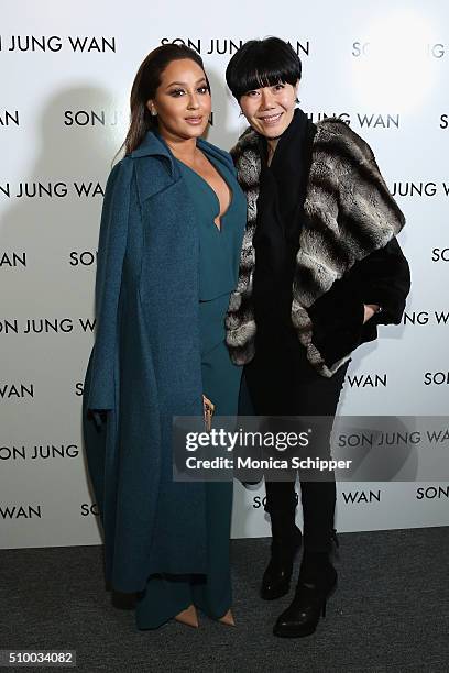 Personality Adrienne Bailon and designer Son Jung Wan backstage at the Son Jung Wan Fall 2016 fashion show during New York Fashion Week: The Shows at...