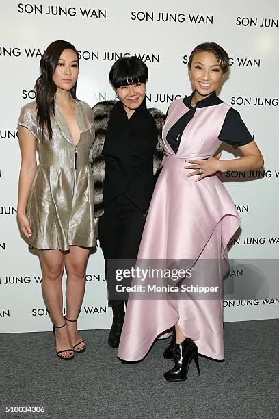 Arden Cho, Son Jung Wan and Jeannie Mai pose backstage at the Son Jung Wan Fall 2016 fashion show during New York Fashion Week: The Shows at The...