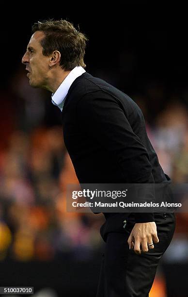 Gary Neville manager of Valencia CF reacts during the La Liga match between Valencia CF and RCD Espanyol at Estadi de Mestalla on February 13, 2016...