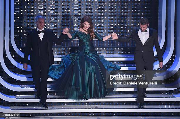 Andrea Pellizzari, Cristina D'Avena and Max Brigante attend the closing night of 66th Festival di Sanremo 2016 at Teatro Ariston on February 13, 2016...